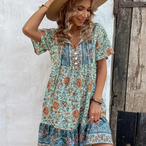 Multicolor Boho Womens Floral Print Tie Neck Smock Dress - Picture 4 of 5